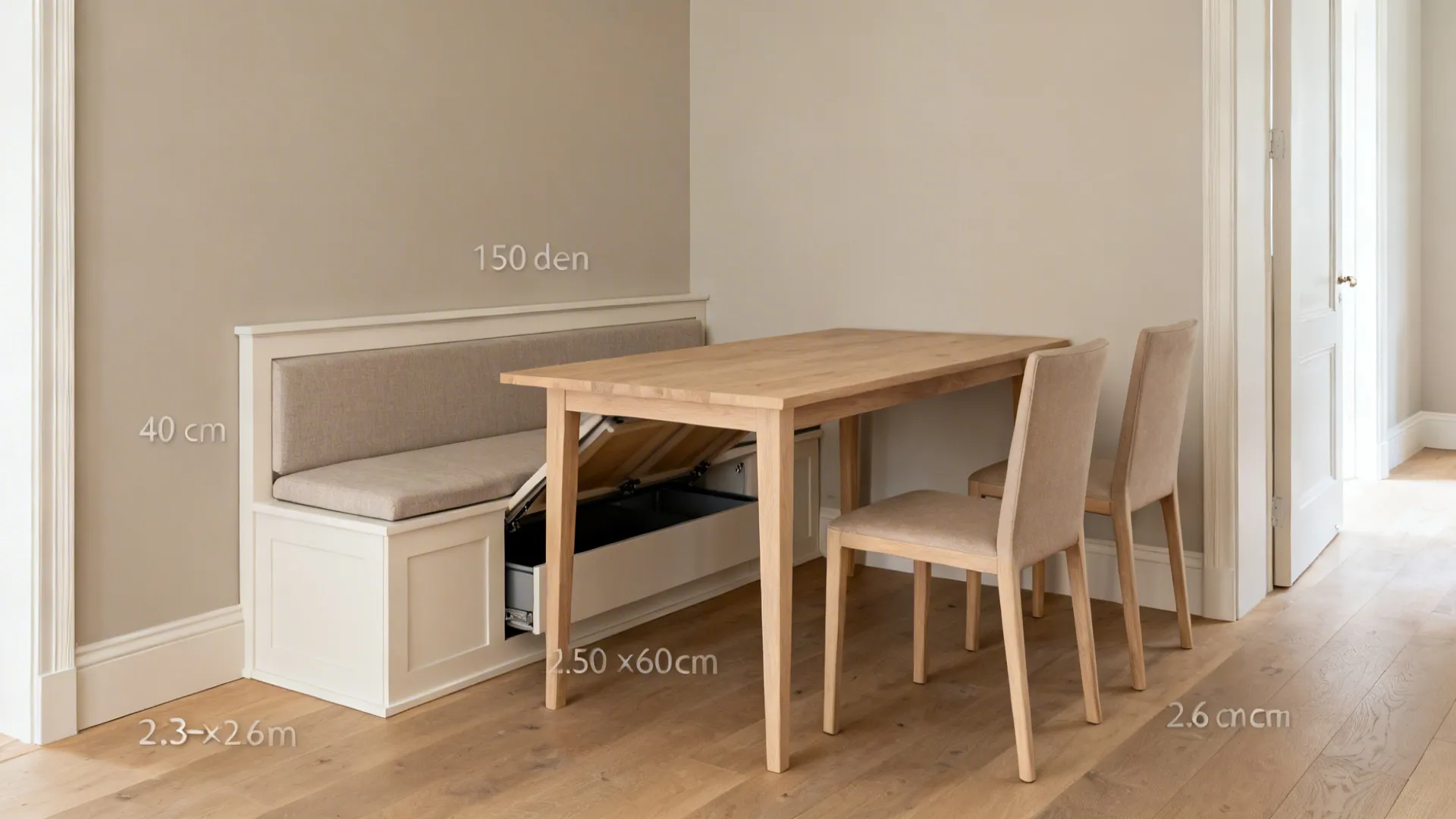 Dining area featuring wooden table two chairs and white storage bench with clear dimension labels