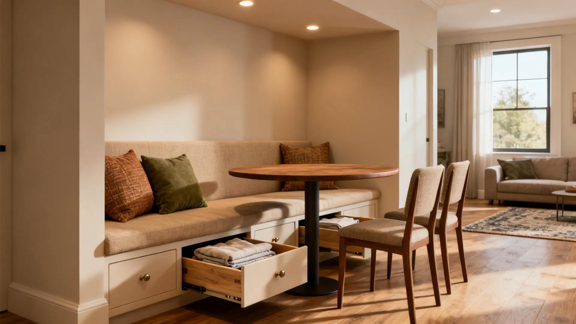 Built in dining bench with storage drawers round wooden table two chairs and living room