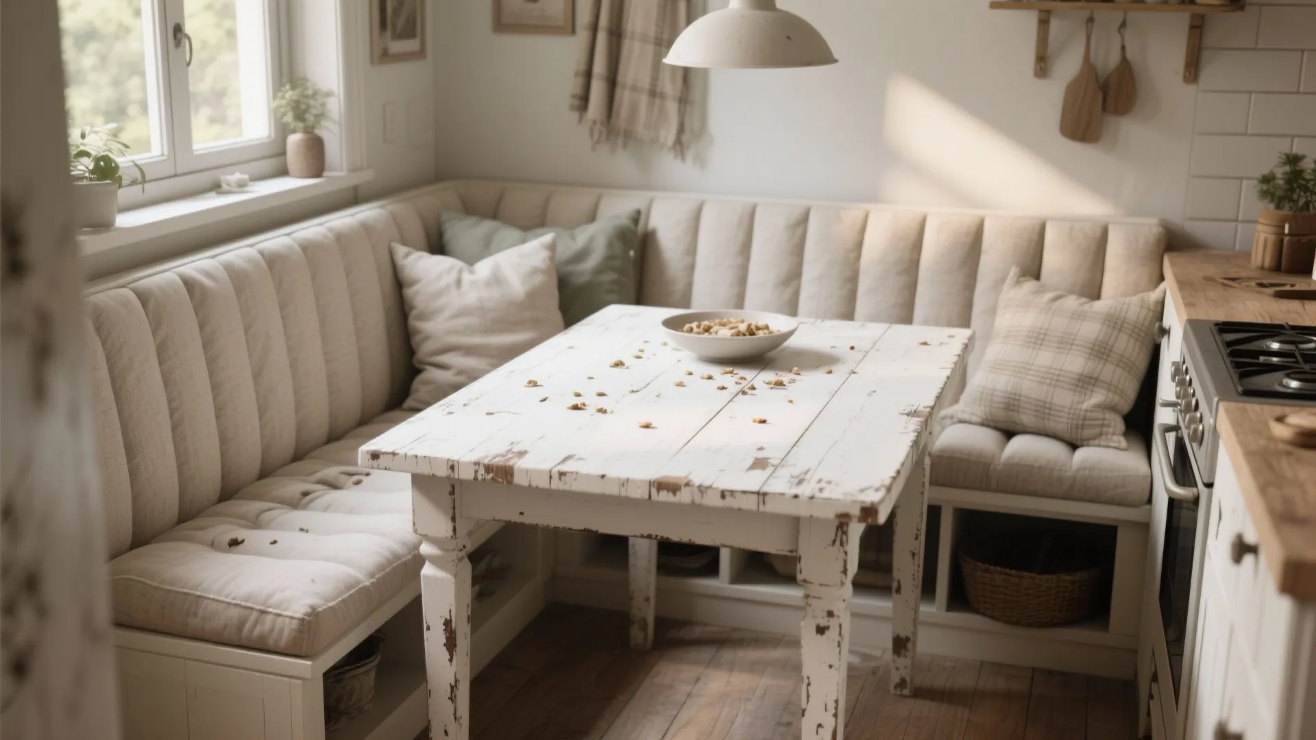 Built-in banquette dining area with a distressed white table and upholstered bench