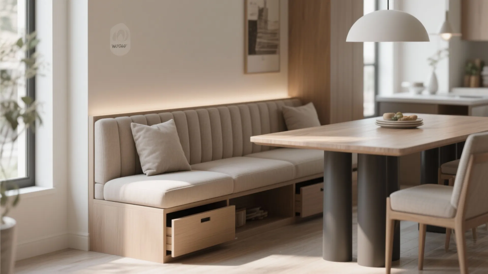 Modern bench seating with storage drawers under a wooden dining table in a bright room