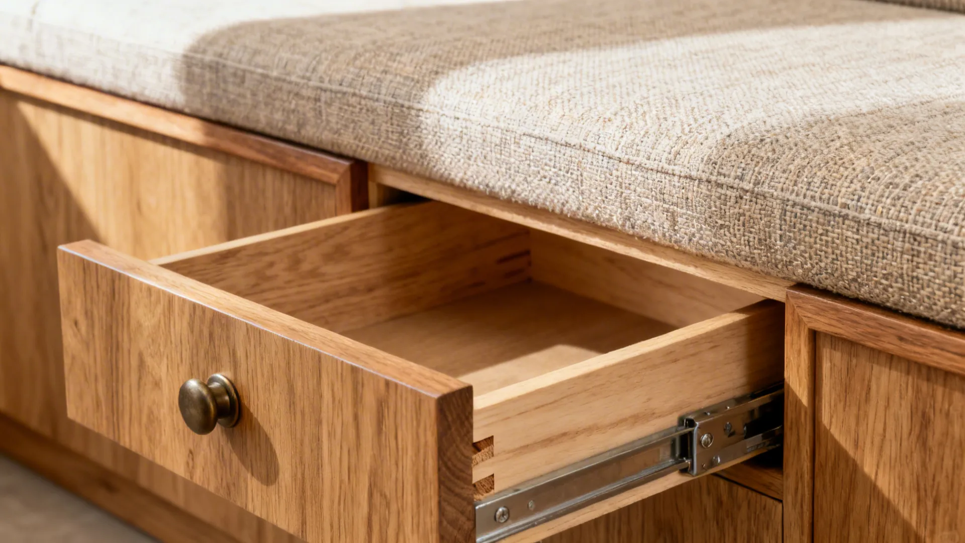 Close-up of a banquette drawer with fine joinery and textured performance fabric upholstery.