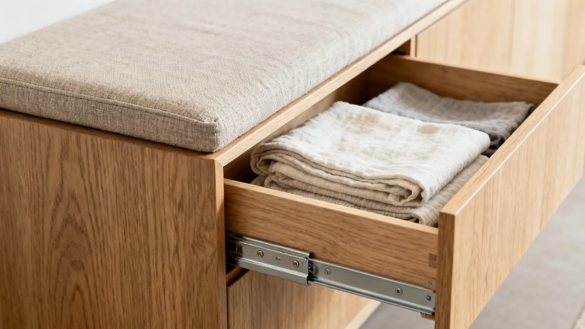 Close-up of a banquette drawer with linens and durable cushion fabric.