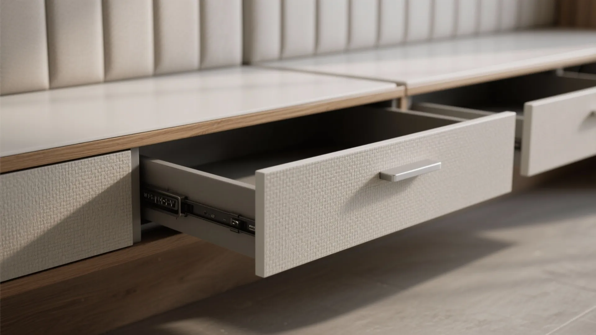 Close up view of wooden storage bench showing an open drawer with metal sliding rails