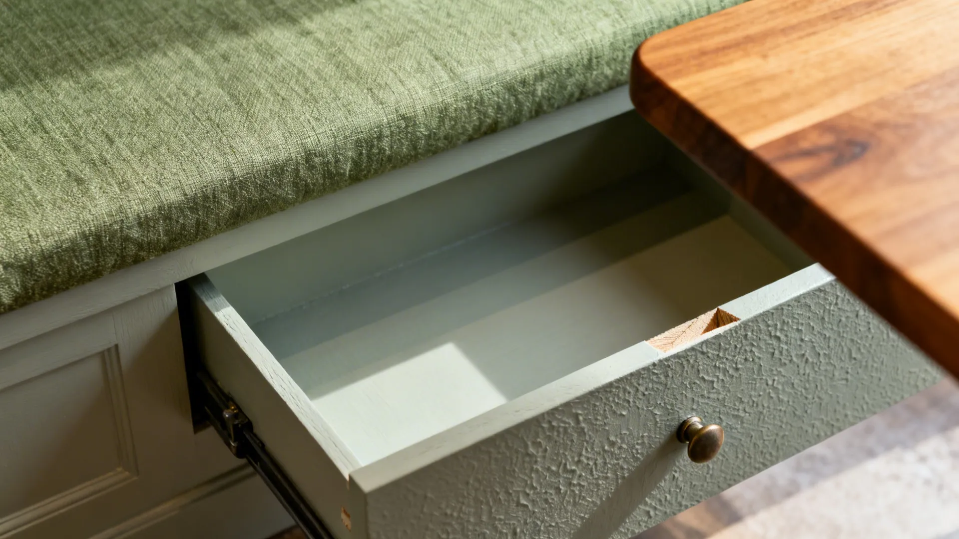 Close-up of banquette drawer with soft-close hardware and textured matte finish.