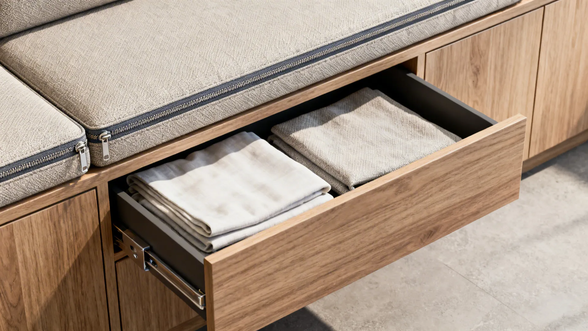 Macro of a banquette drawer with linens and a zip-off performance fabric cushion above.