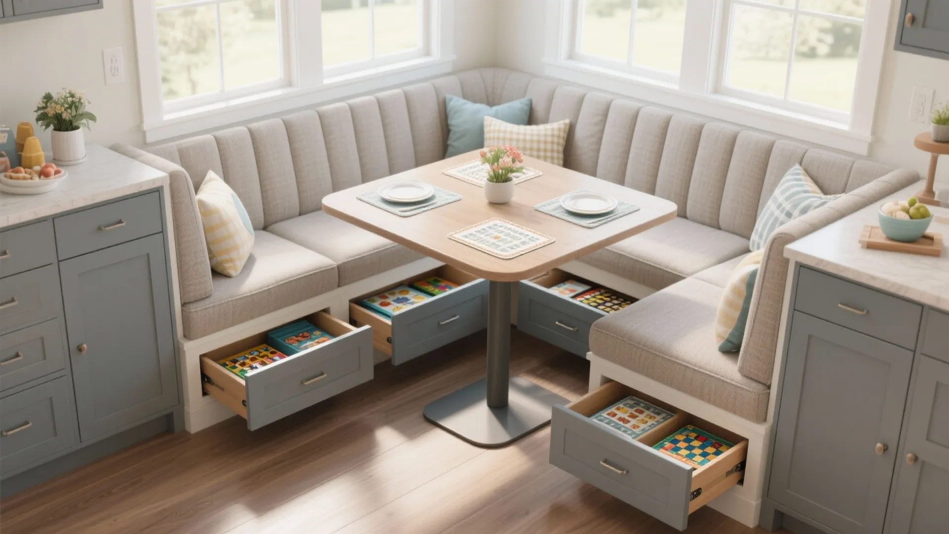 3) Banquette base storage with drawer modules