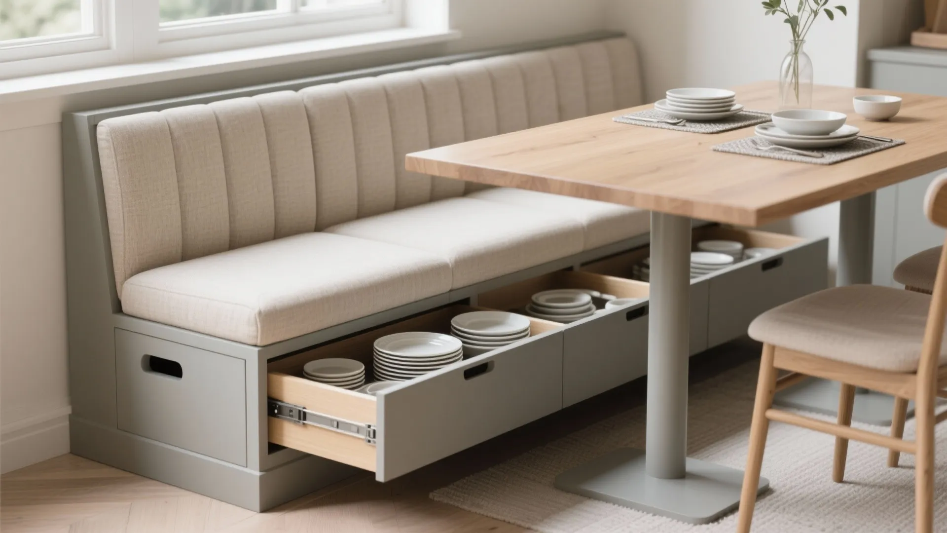 Banquette Bench with Hidden Crockery Drawers
