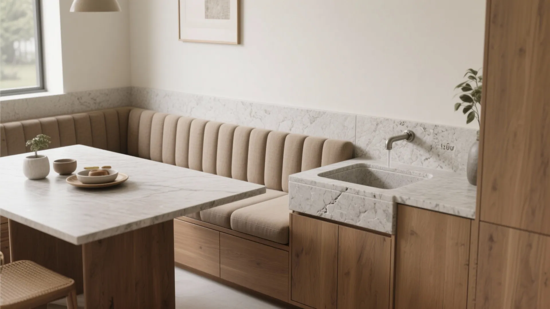 3) Integrated basin within a dining banquette end-cap