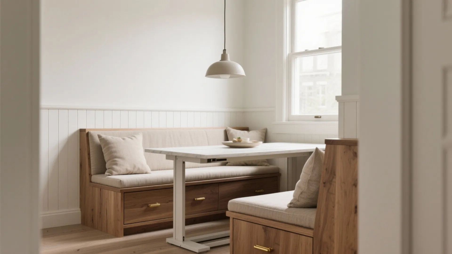 Built-in dining bench with storage drawers under a white table beside a bright room window