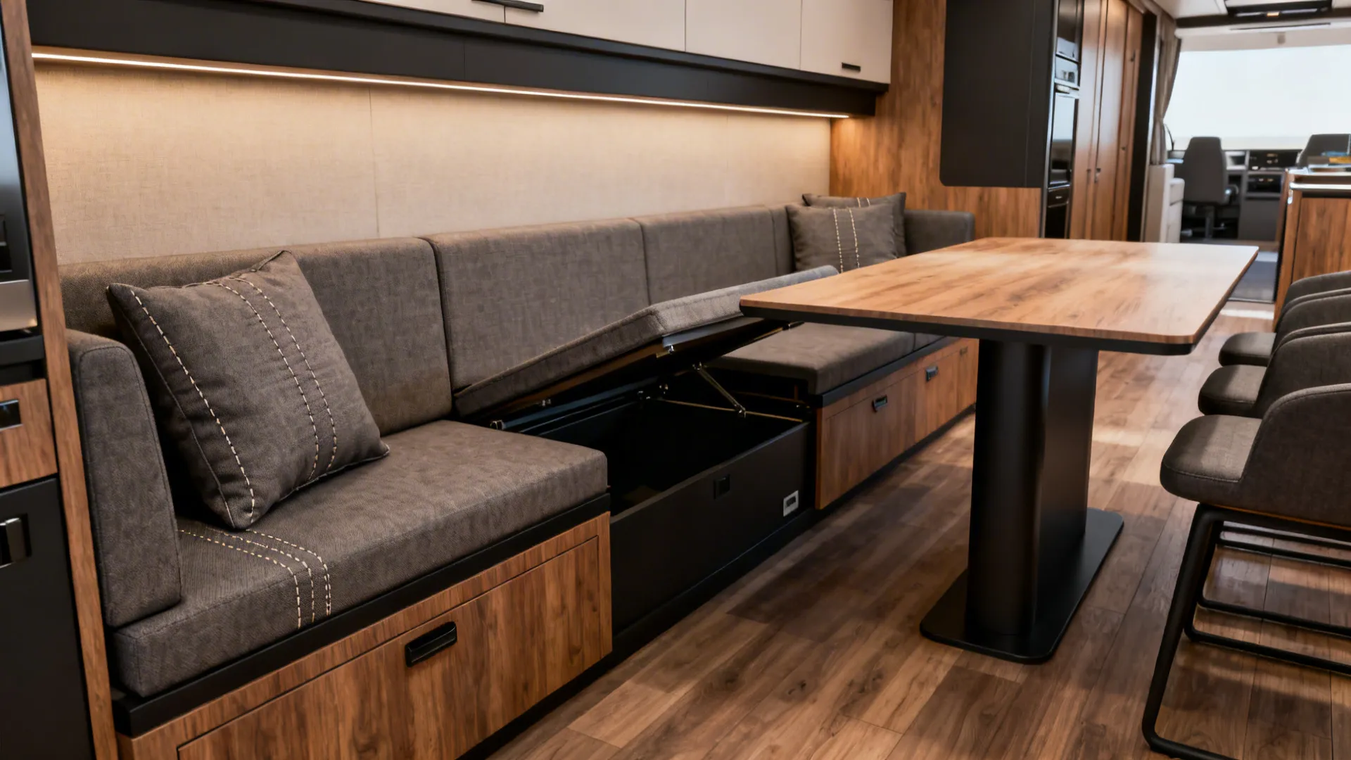 Long wall banquette with lift-up seat storage paired with an extendable pedestal dining table in a compact room.