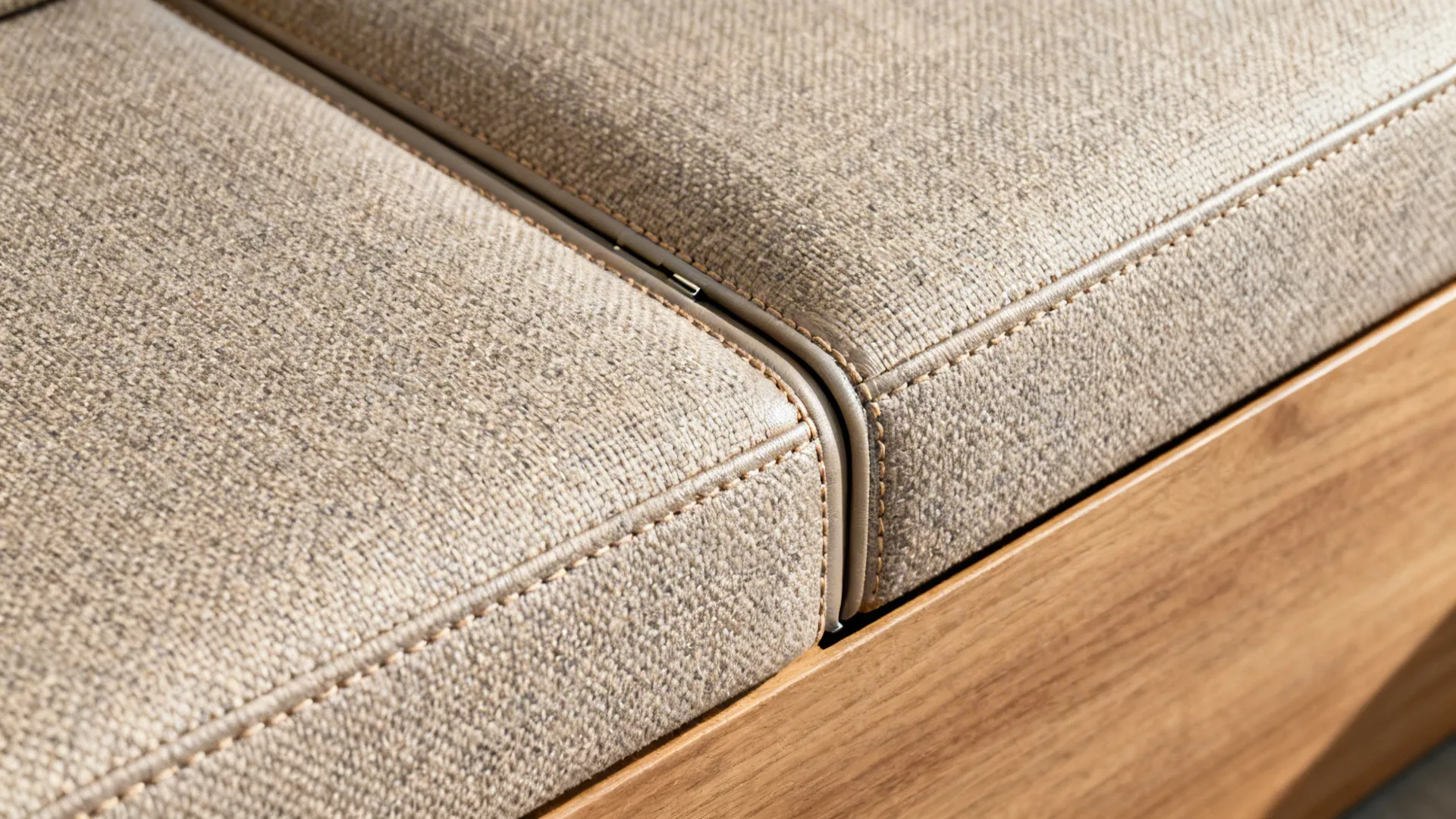 Macro of banquette performance fabric and storage seam with oak base.