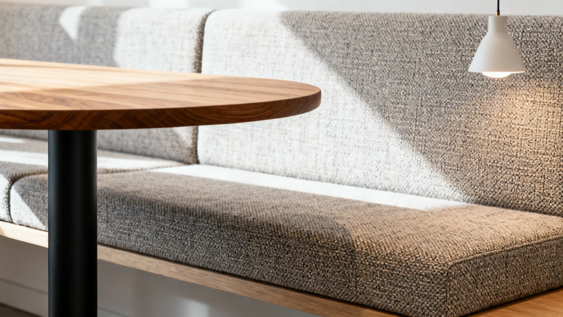 Macro of performance fabric on a banquette, rounded oak tabletop edge, and a matte black pedestal base.