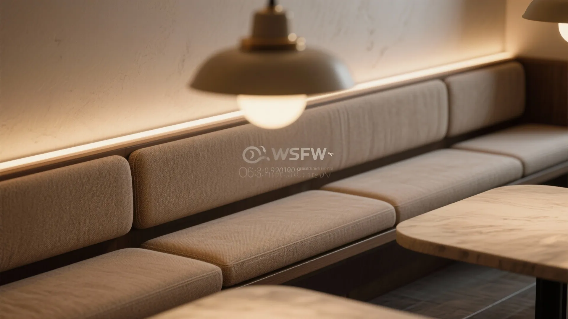 Modern light brown long sofa with wall lights and wooden table in a warm room