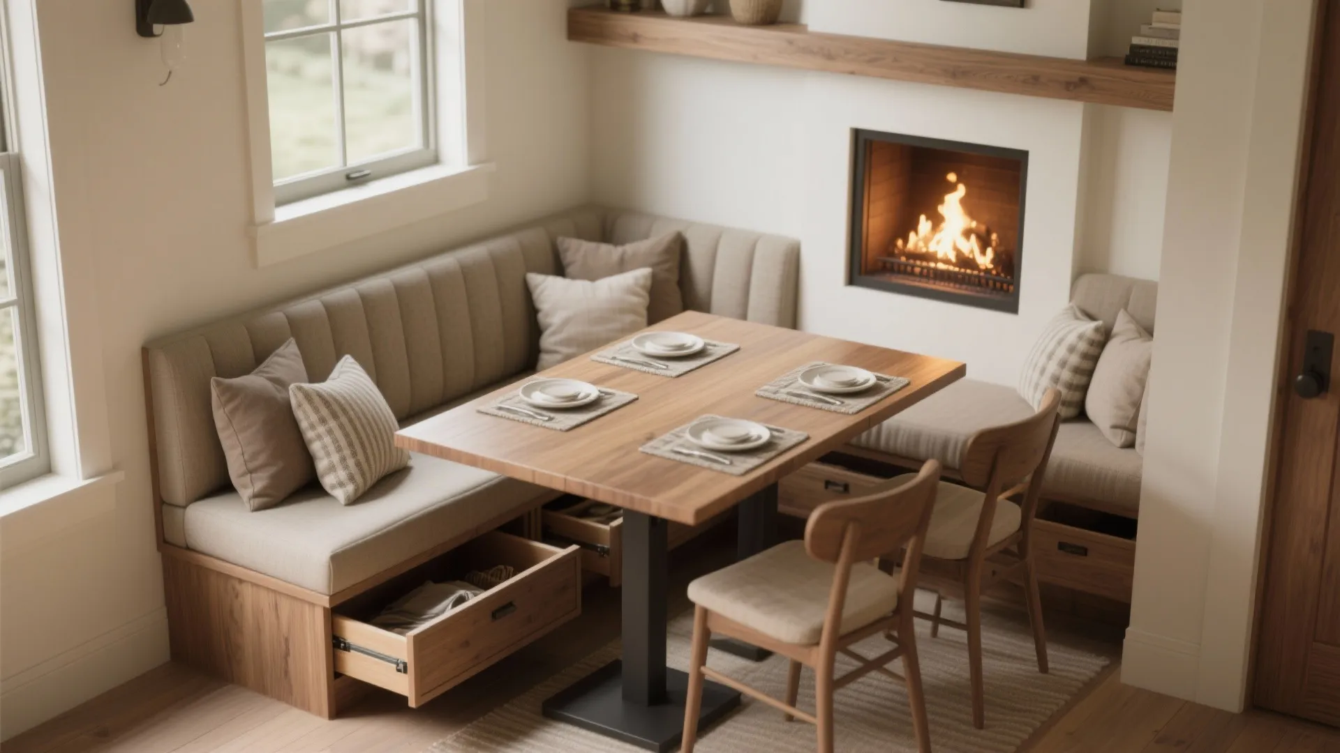 Cozy dining area with wooden table soft sofa seating built in fireplace and open storage drawers