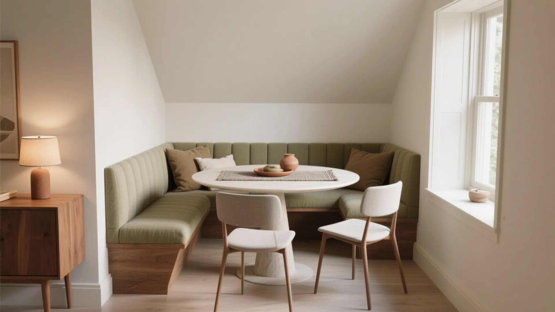 Modern dining nook with green corner sofa white round table two chairs window and lamp