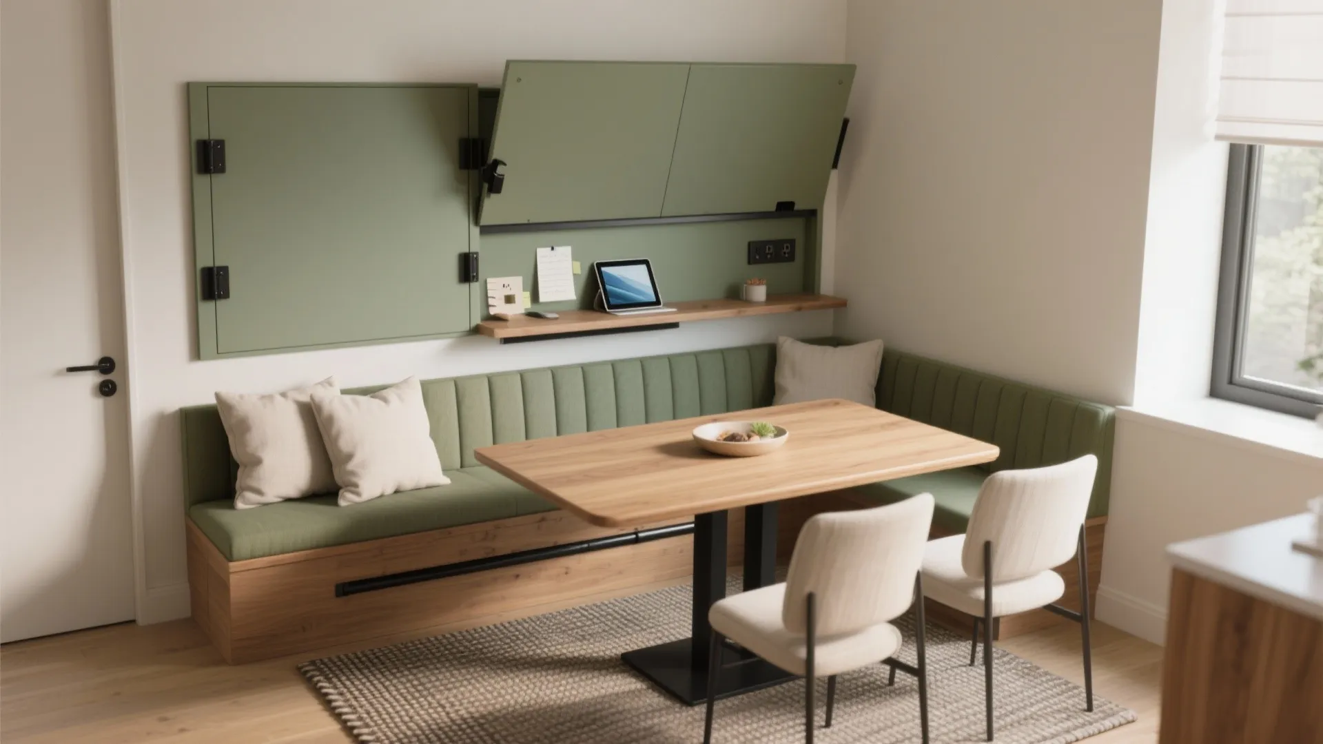 Dining area with green bench and wooden table featuring a wall cabinet that flips open