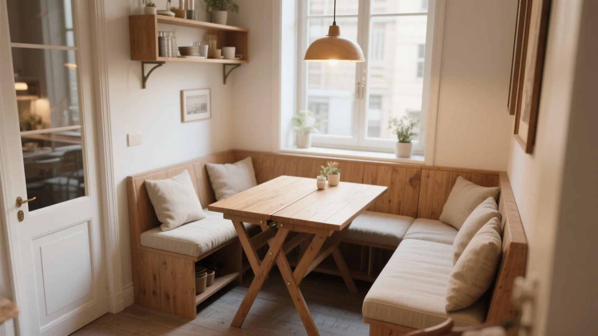 Cozy dining nook with wooden table, built-in corner sofa, wall shelves, and a ceiling light