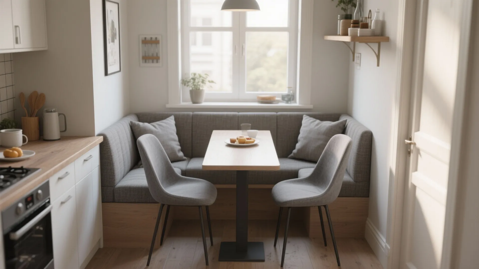Small dining area with grey corner sofa wooden table two chairs and bright window view