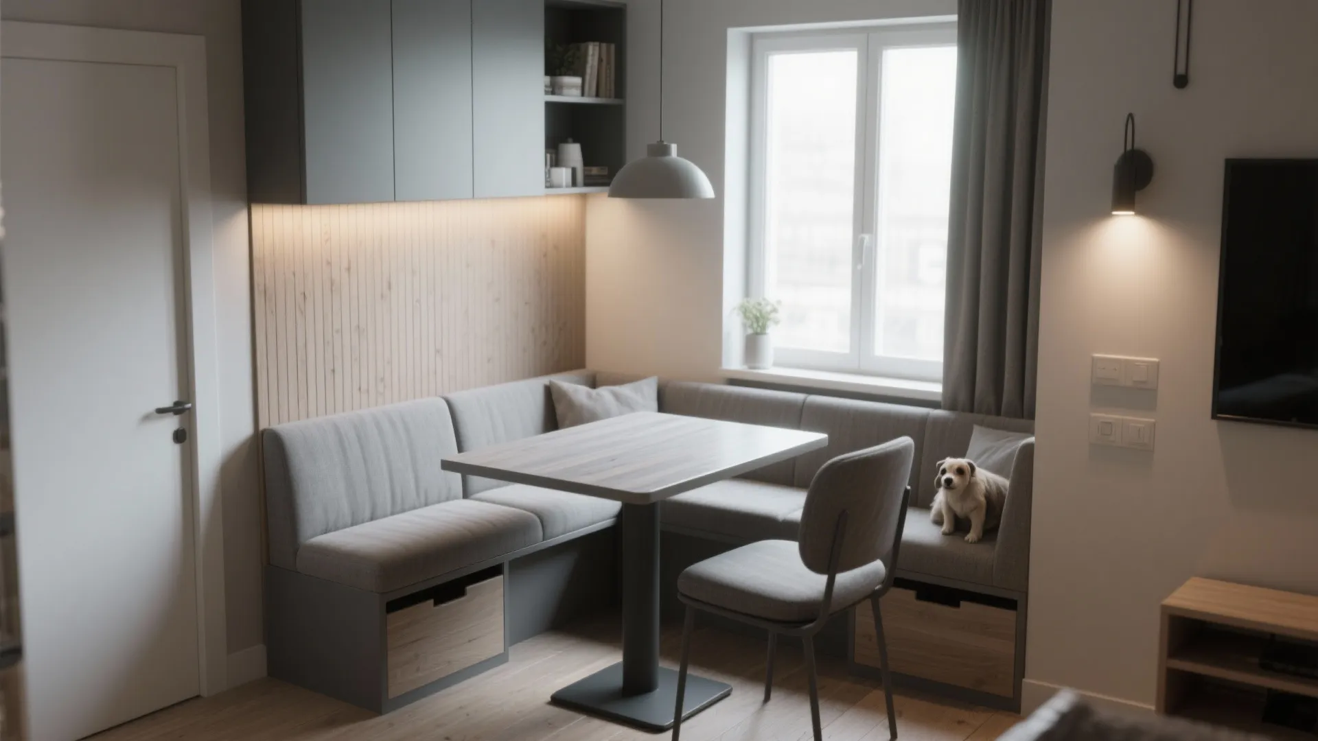Modern dining nook with grey corner bench seating wooden table grey chair and large window