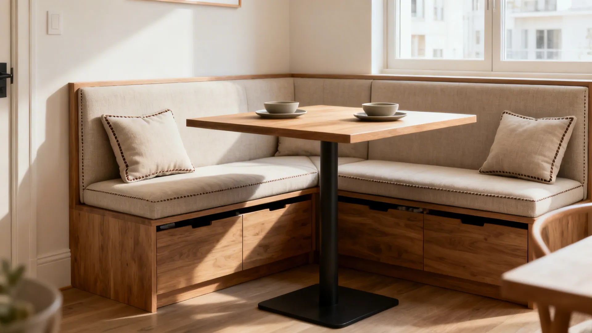 Modern corner bench seating with a wooden table and storage drawers in a bright nook