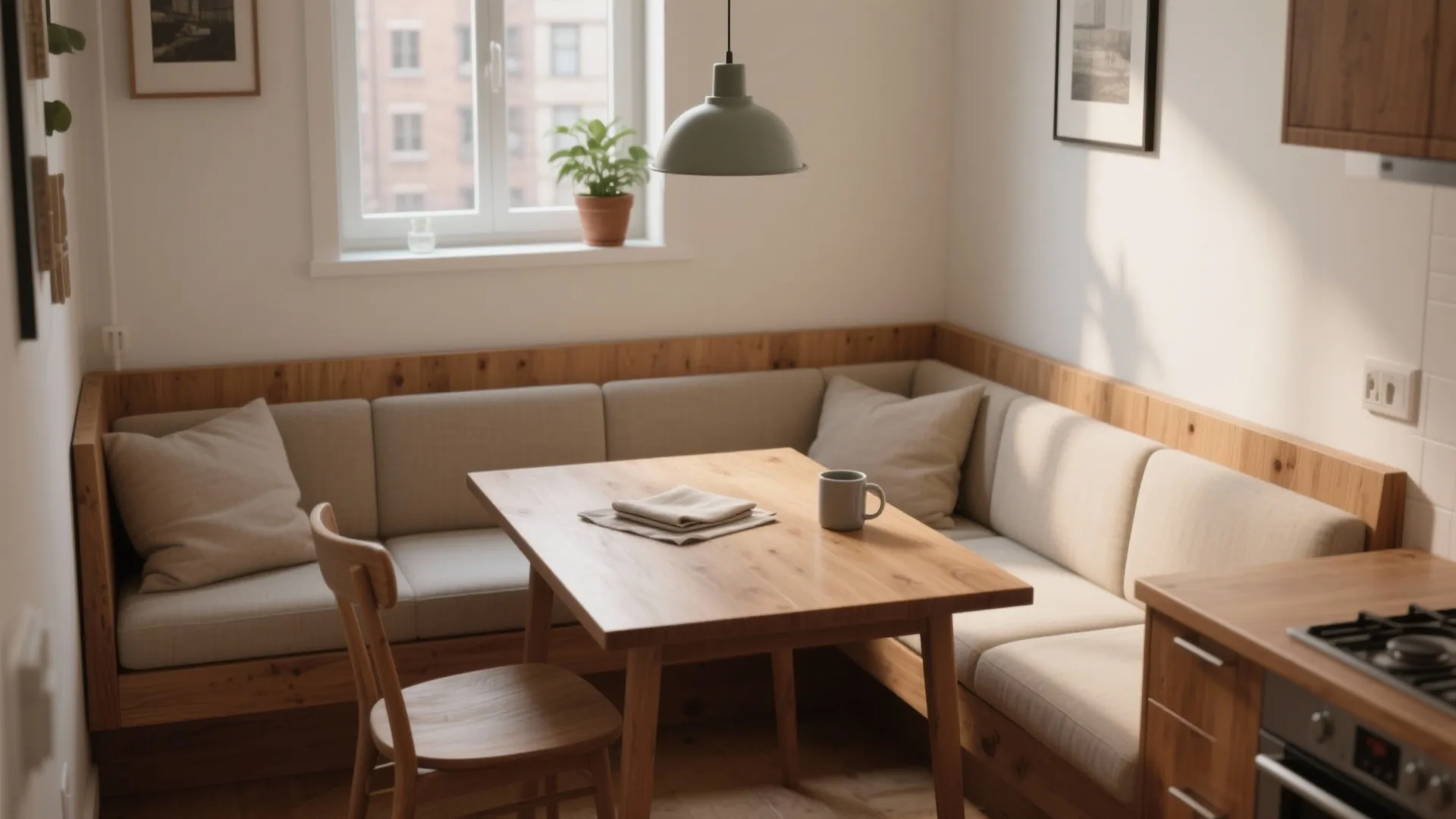 Wooden dining table with corner sofa seating green ceiling light and window in small kitchen