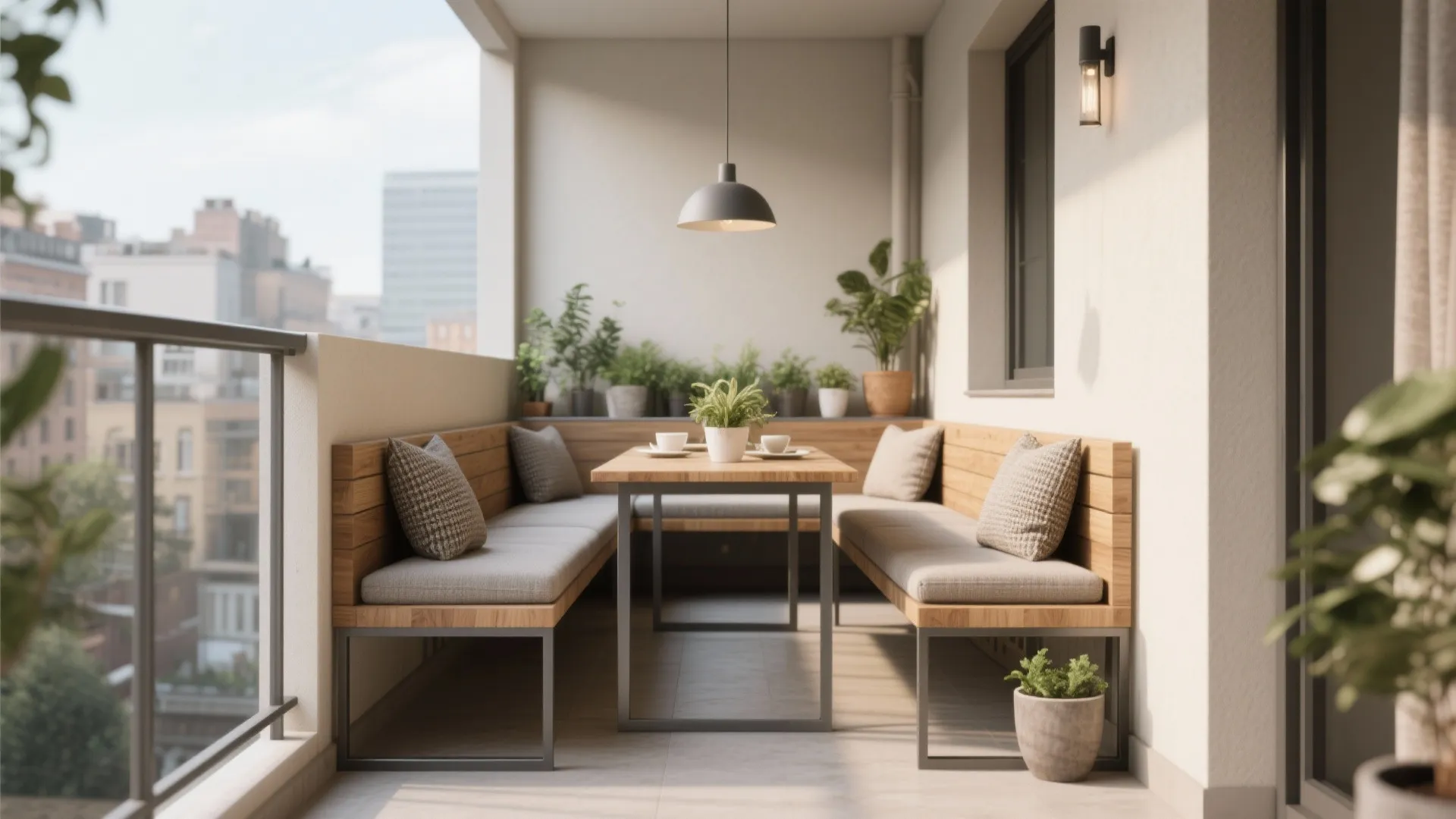 Outdoor balcony dining space featuring wooden bench seating small table green plants and city view