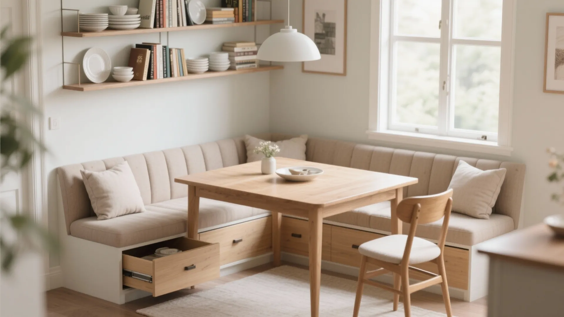 Dining area featuring a corner bench with open drawers for extra storage under the seat