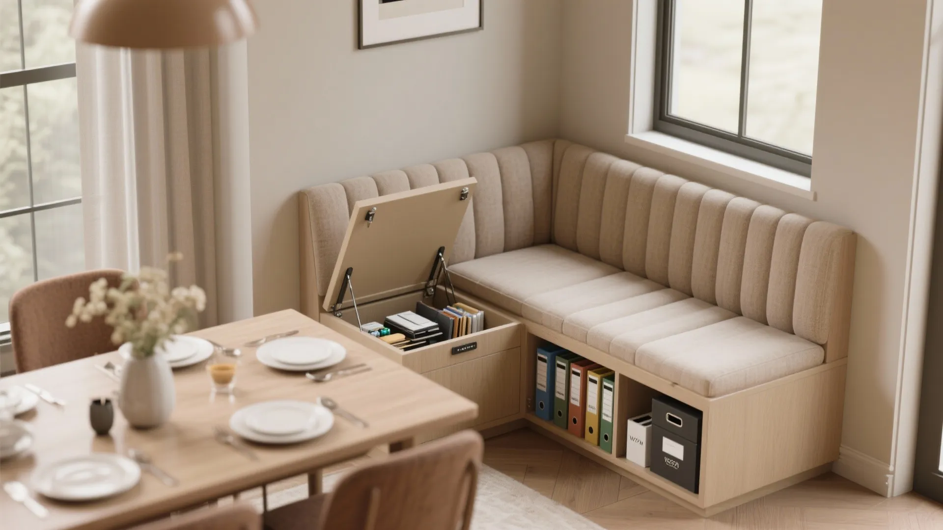 Banquette seating with under-seat hidden storage for office items