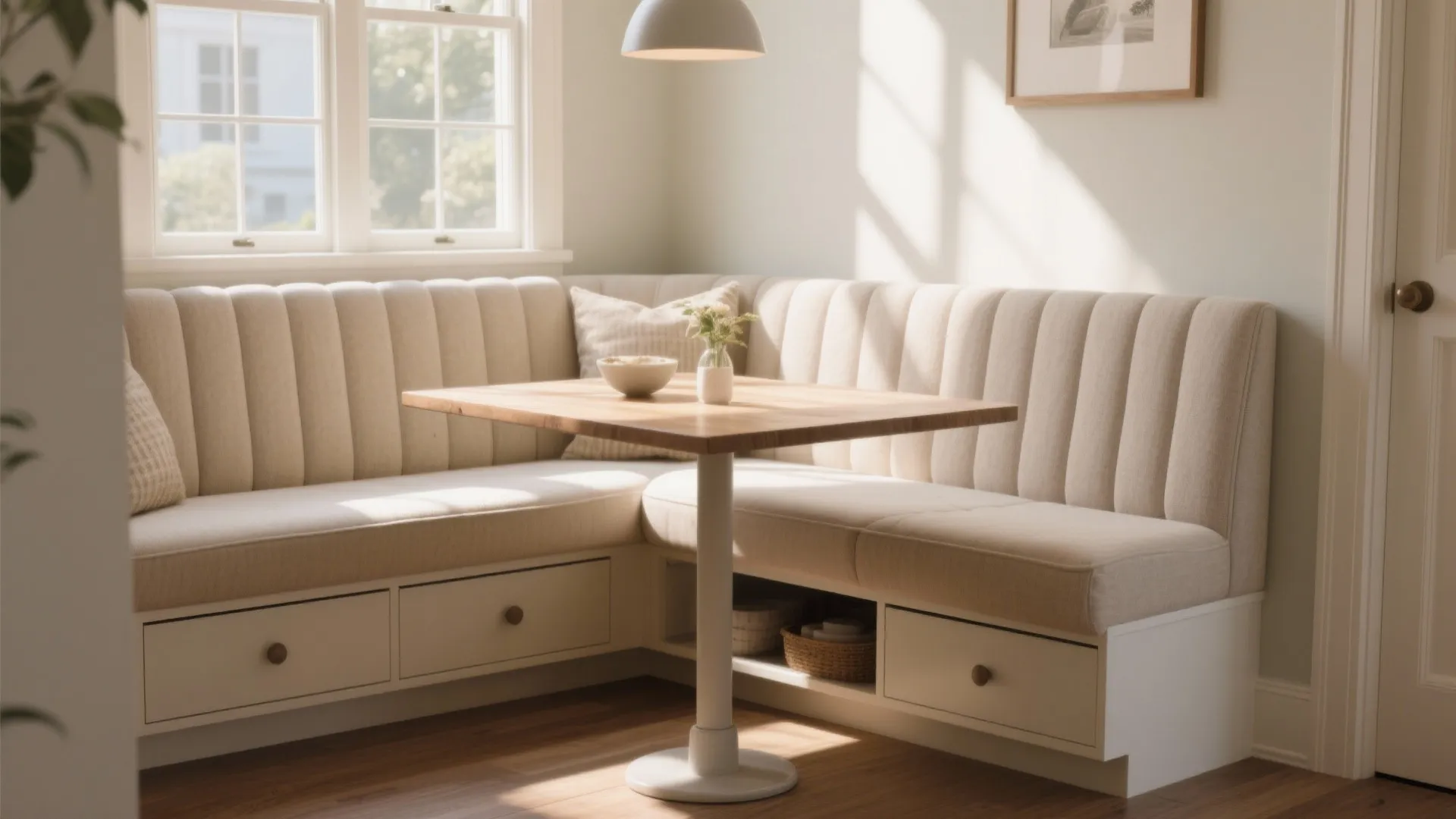Corner dining bench with drawers below a small wooden table in a bright sunny room