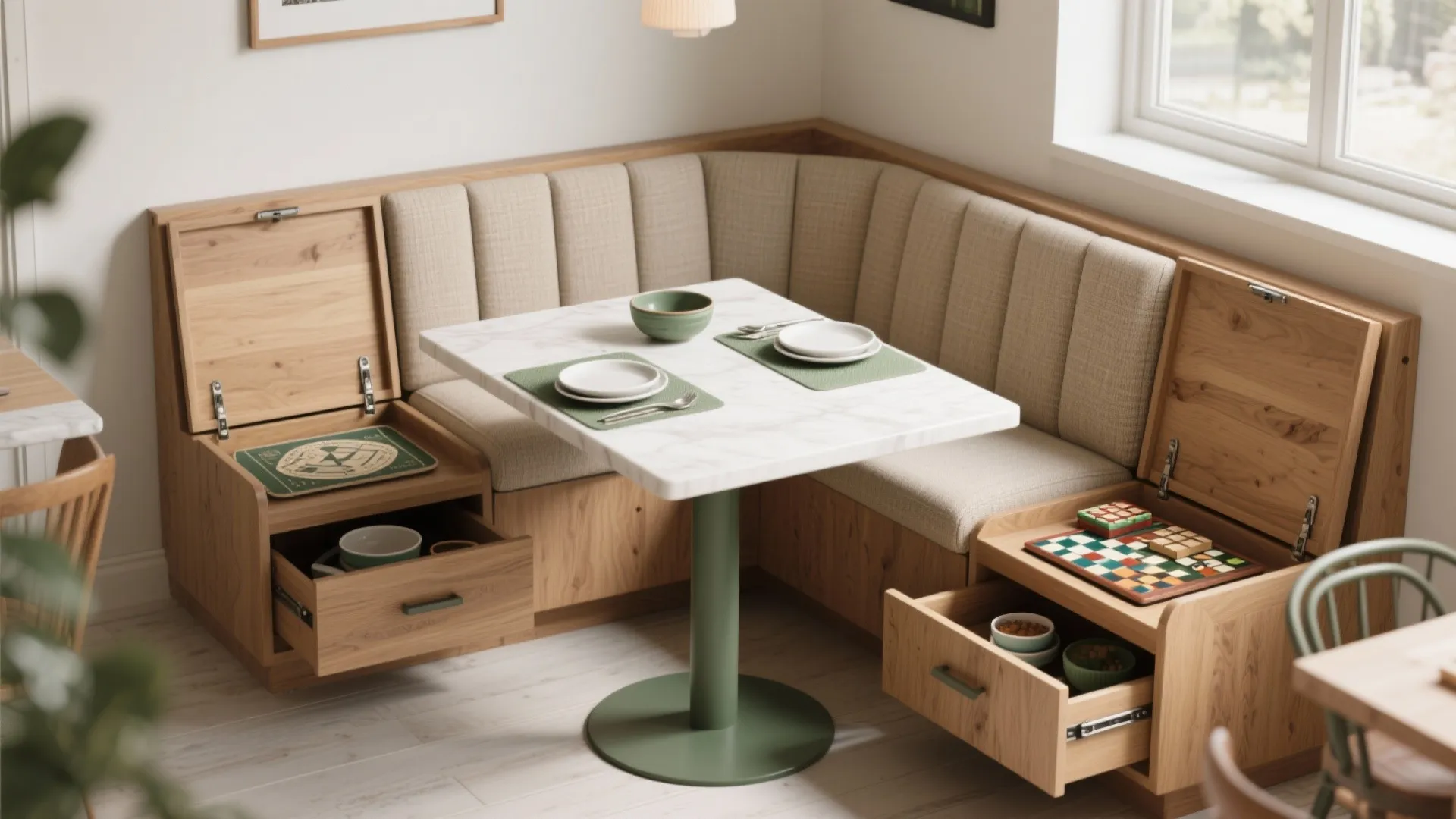 Built-in banquette seating with hidden storage