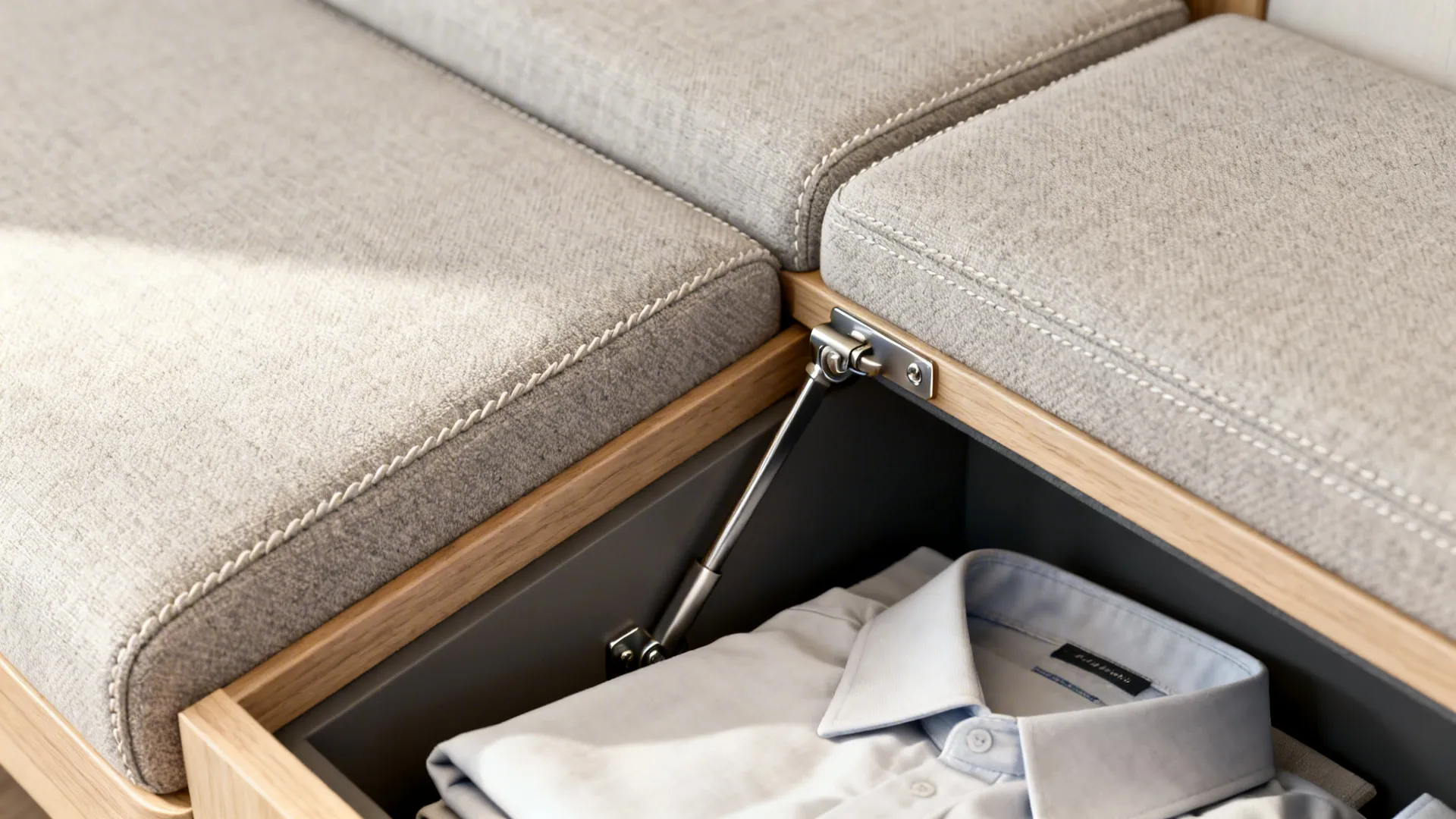 Close up of wooden storage bench with cushions showing metal hinge and a folded shirt