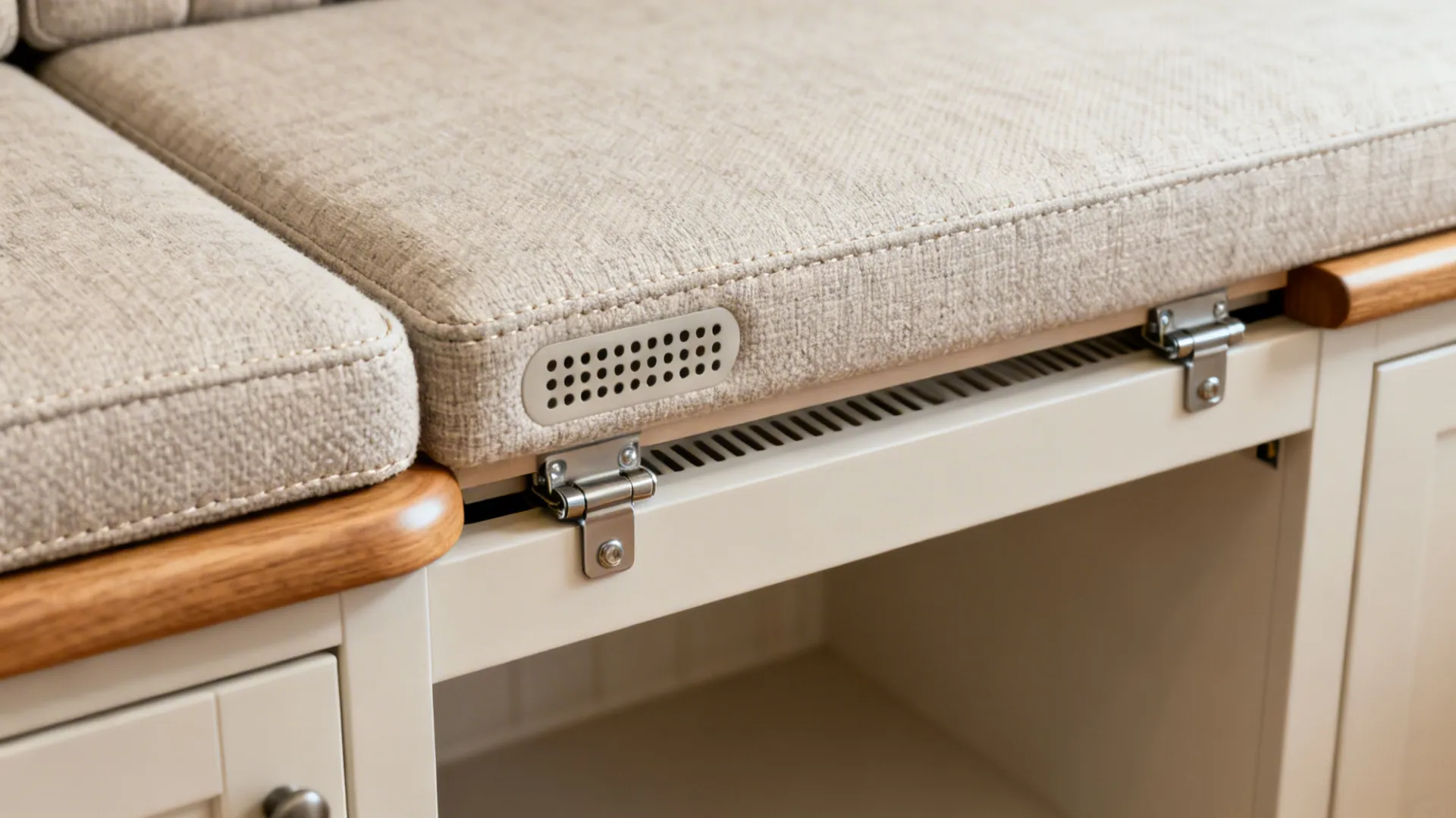 Close-up of lift-up bench hinge and vented panel on an upholstered banquette seat.