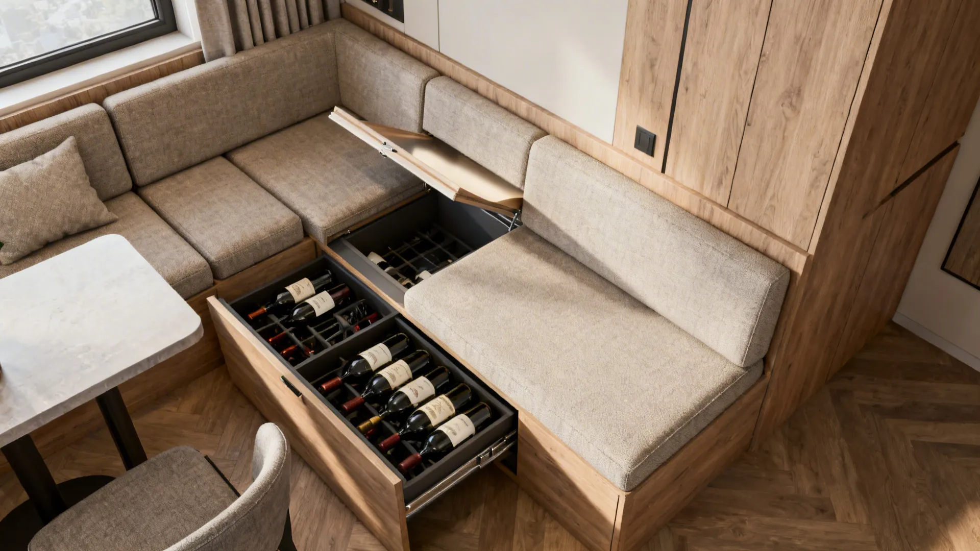 Top-down view of a banquette with hinged seats that hide wine storage and a pull-out countertop.
