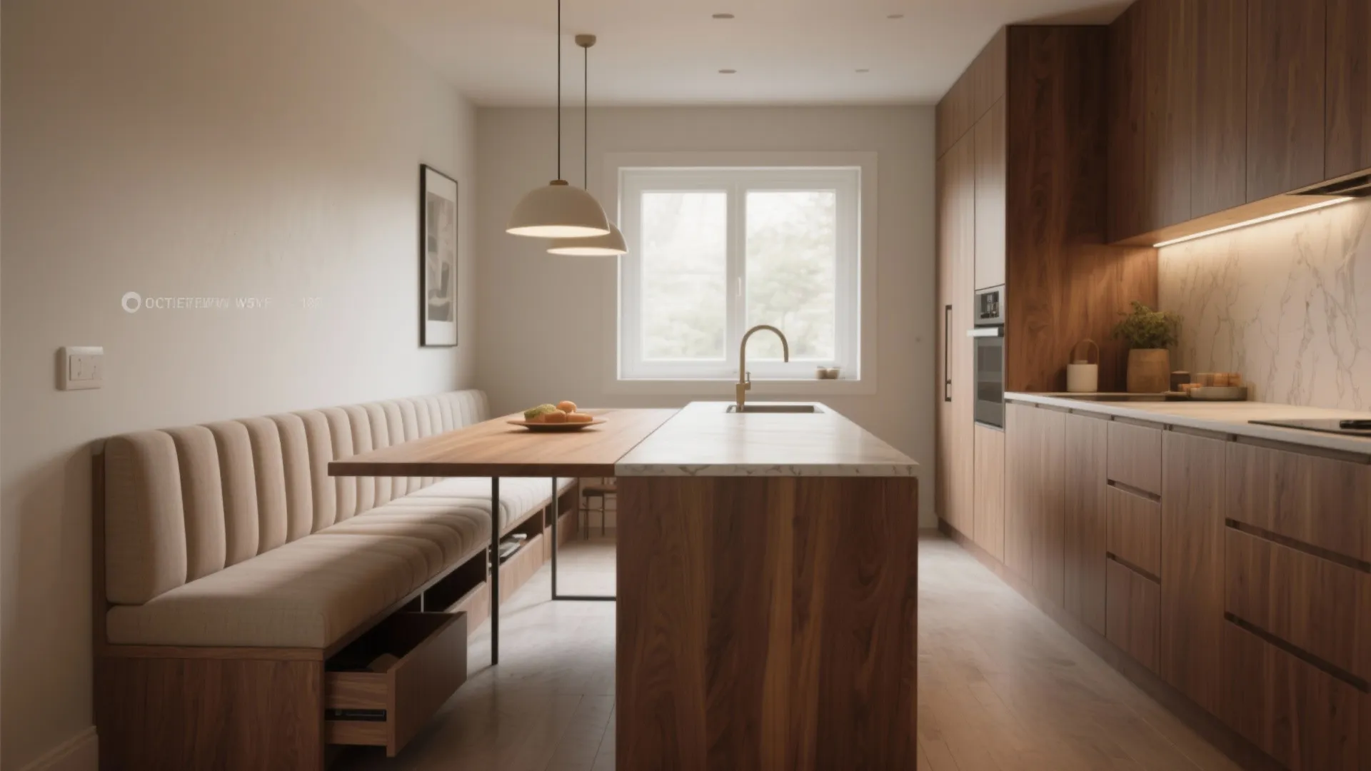 Modern kitchen with wooden cabinets marble island dining table built in bench seating and lights