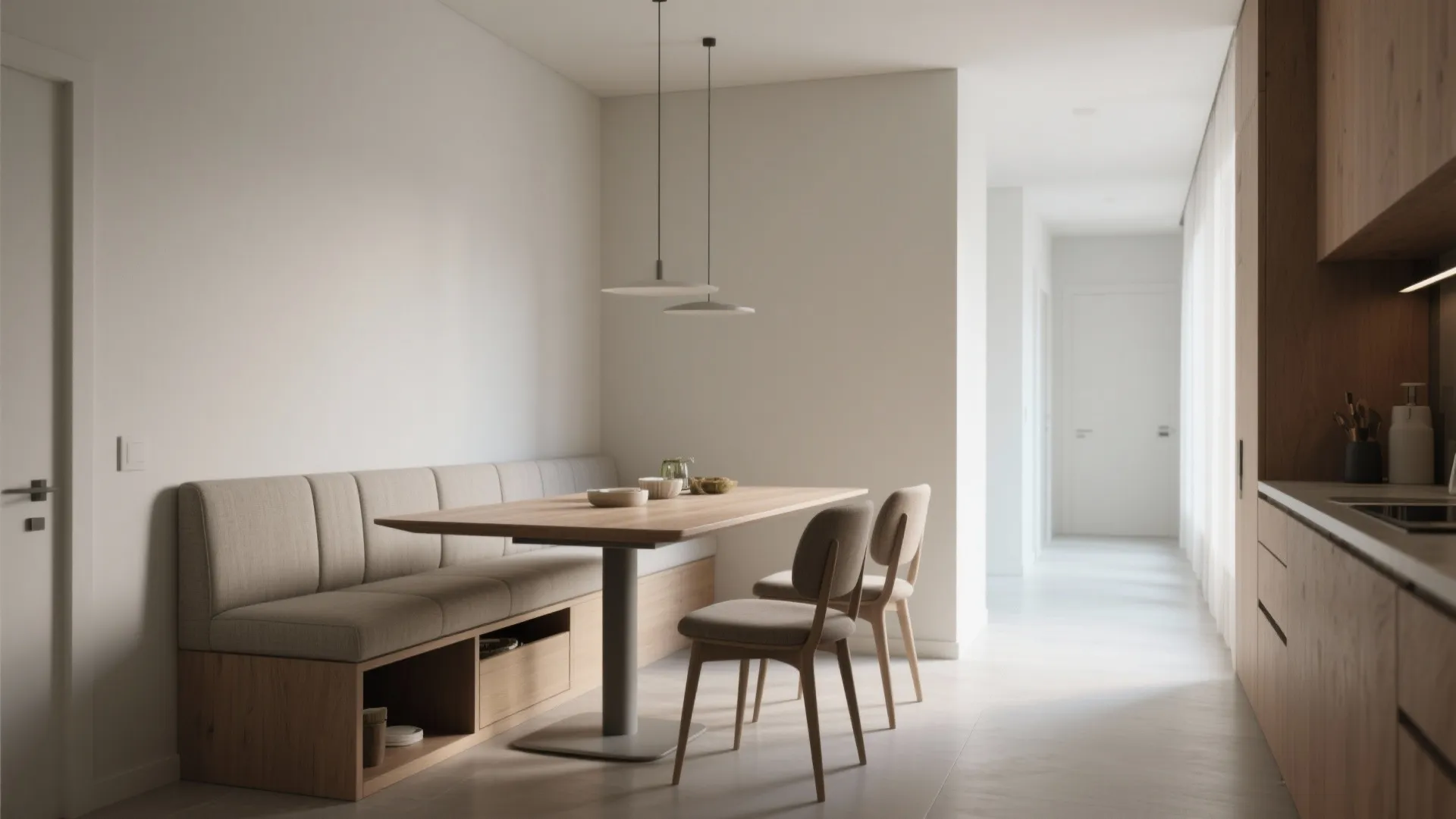 2. Banquette seating on one side