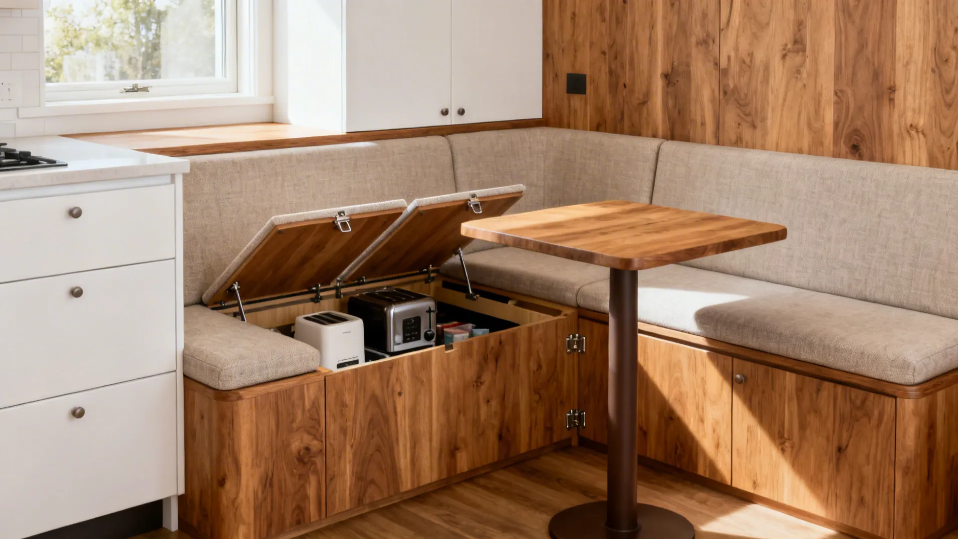 L-shaped banquette nook with lift-up bench storage and a pedestal table in a bright small kitchen.