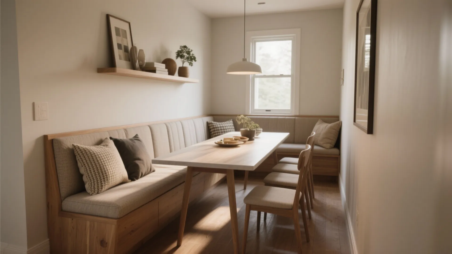 Modern dining area with wooden bench seating, light table, four chairs, and a ceiling light