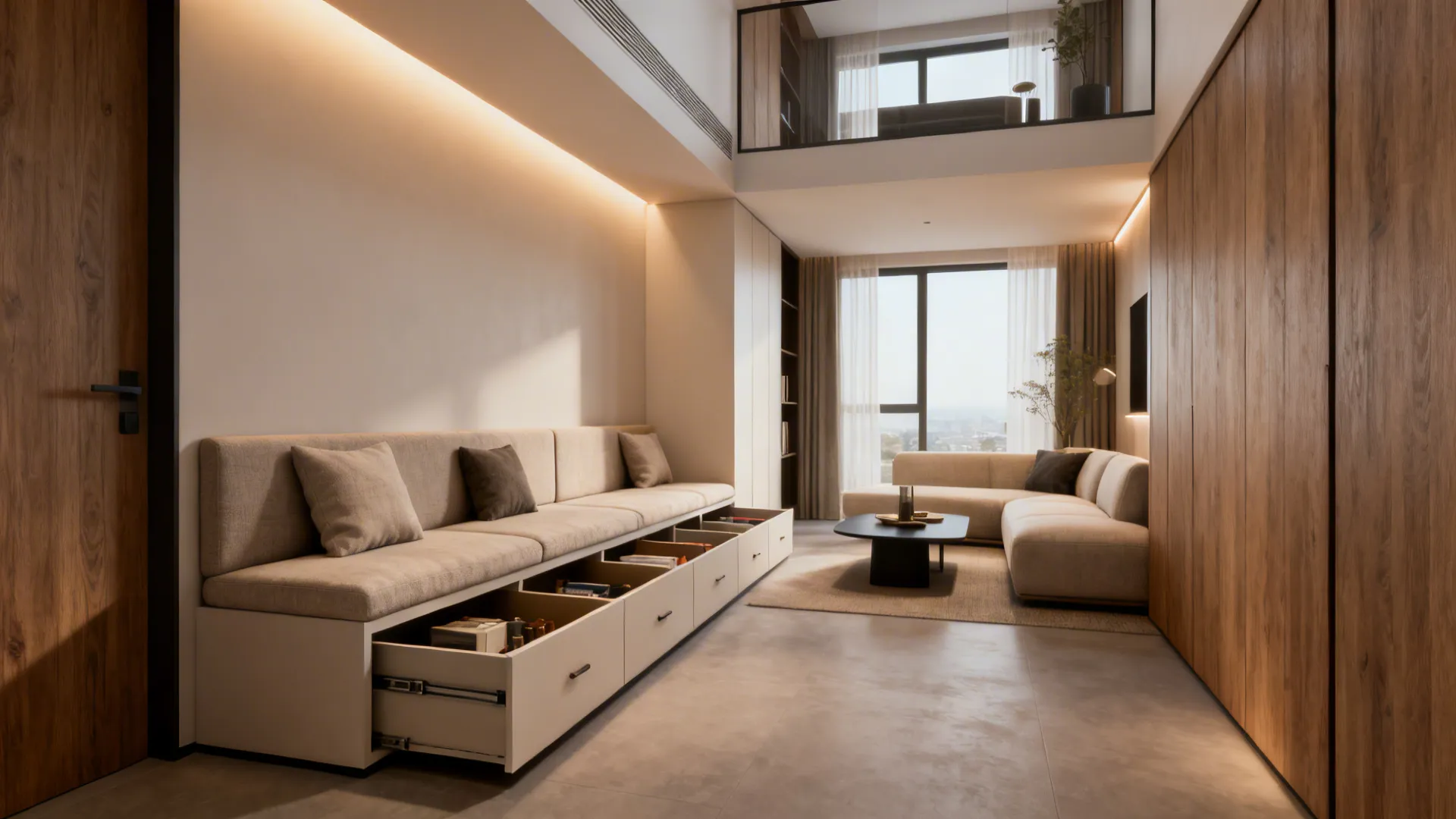Narrow loft with built-in banquette seating and a lounge sofa opposite, showing built-in storage and cohesive materials.