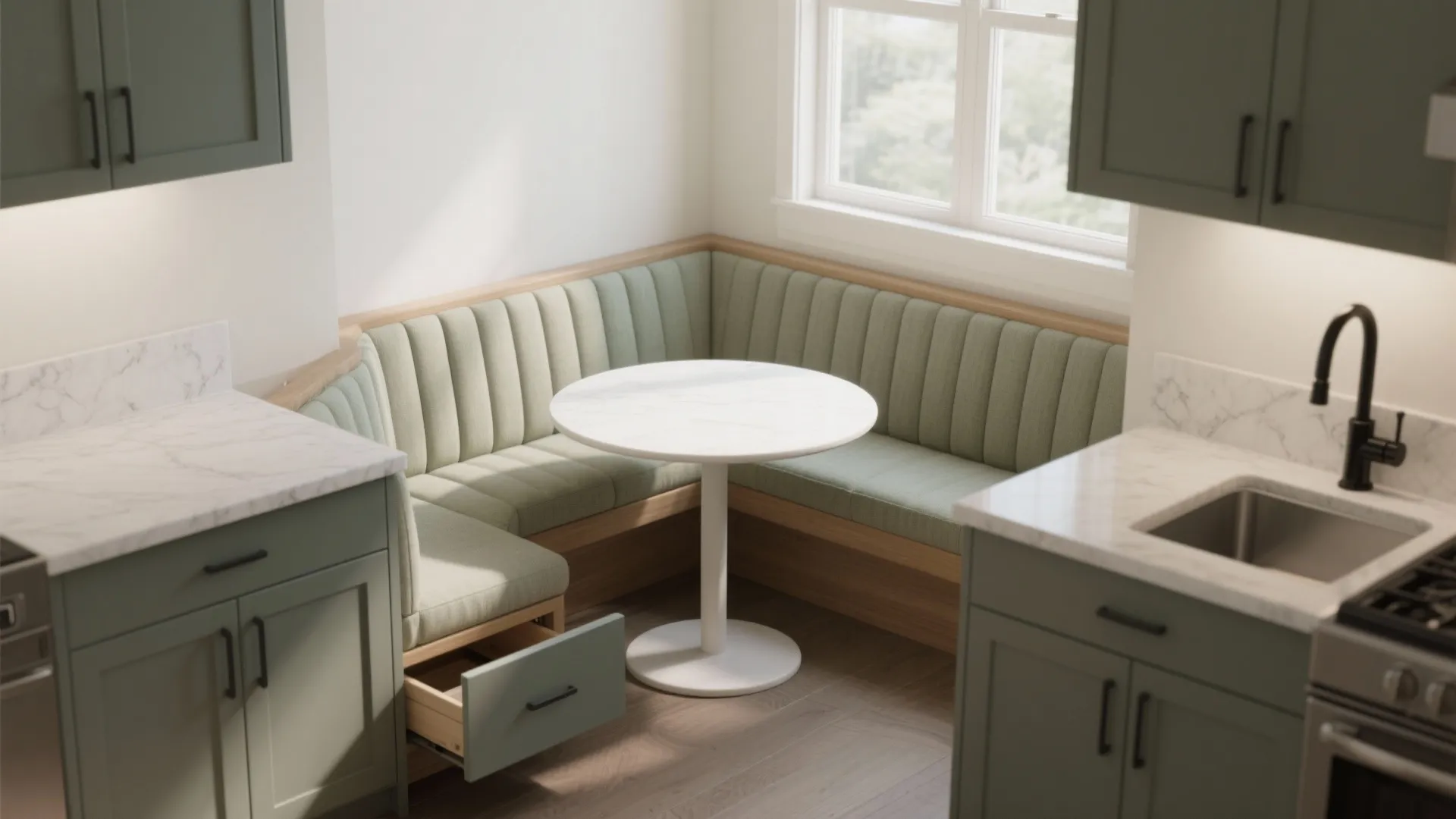 Corner banquette with an L-shaped prep run