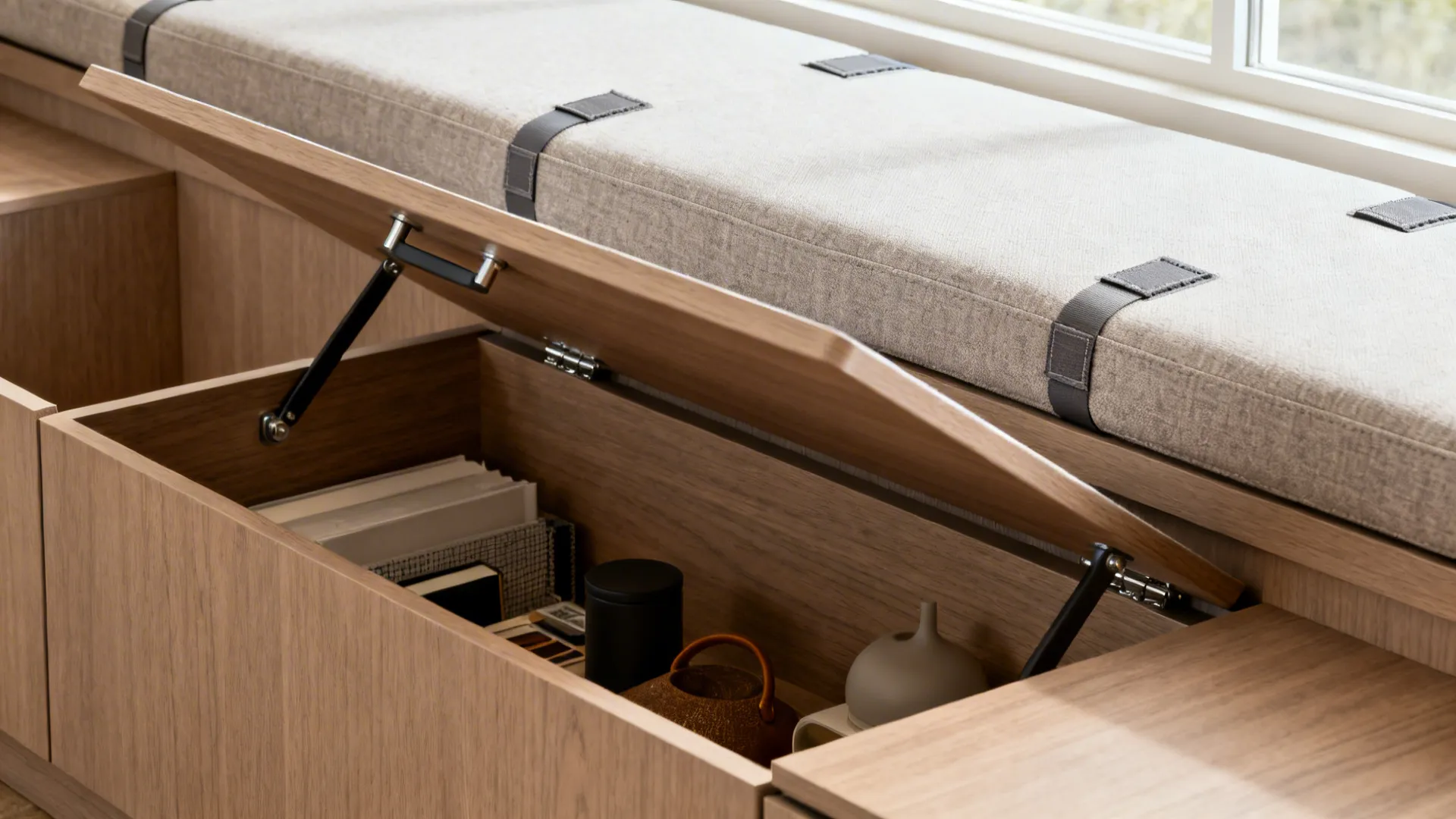 Close-up of a hinged banquette seat revealing storage and durable cushion details.