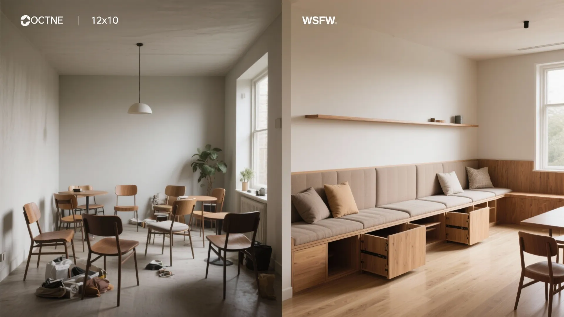 Comparison of a messy room with many chairs and a clean room with storage bench