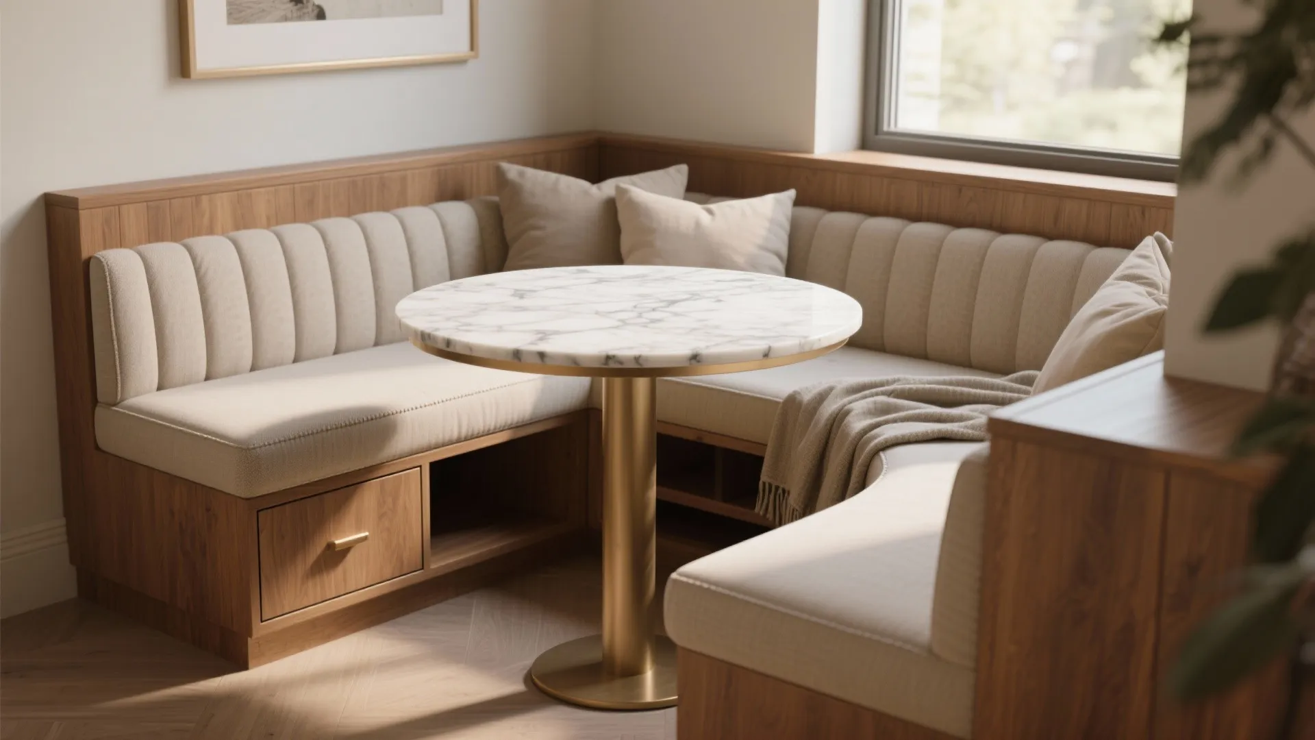 4. Built-in banquette with marble tabletop: cozy, space-saving, and chic