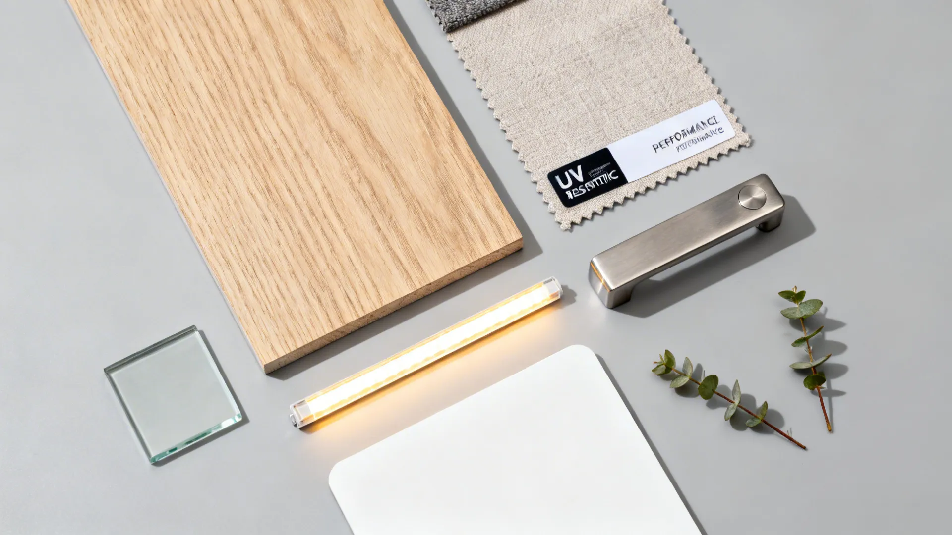 Flat lay of oak, neutral upholstery, glass, and hardware for a bright nook.