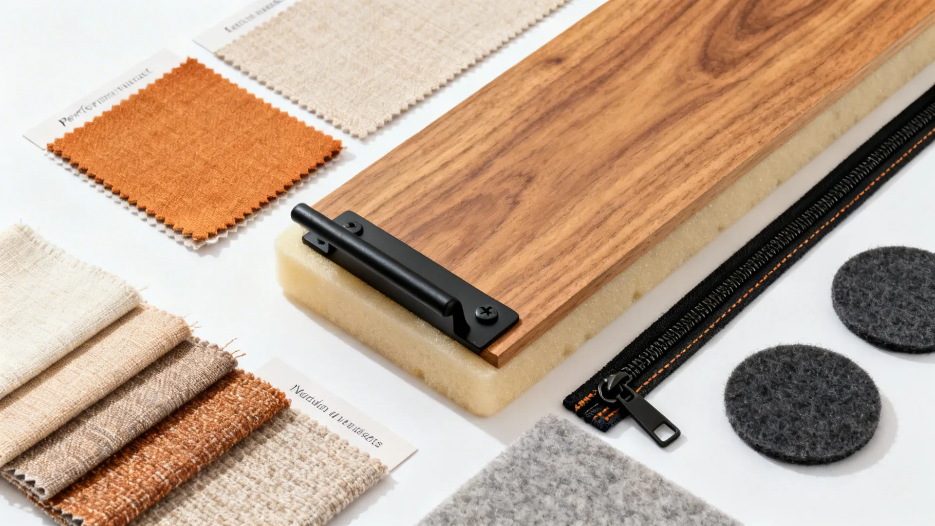 Collection of furniture materials including fabric swatches wood panel foam black zipper and felt pads
