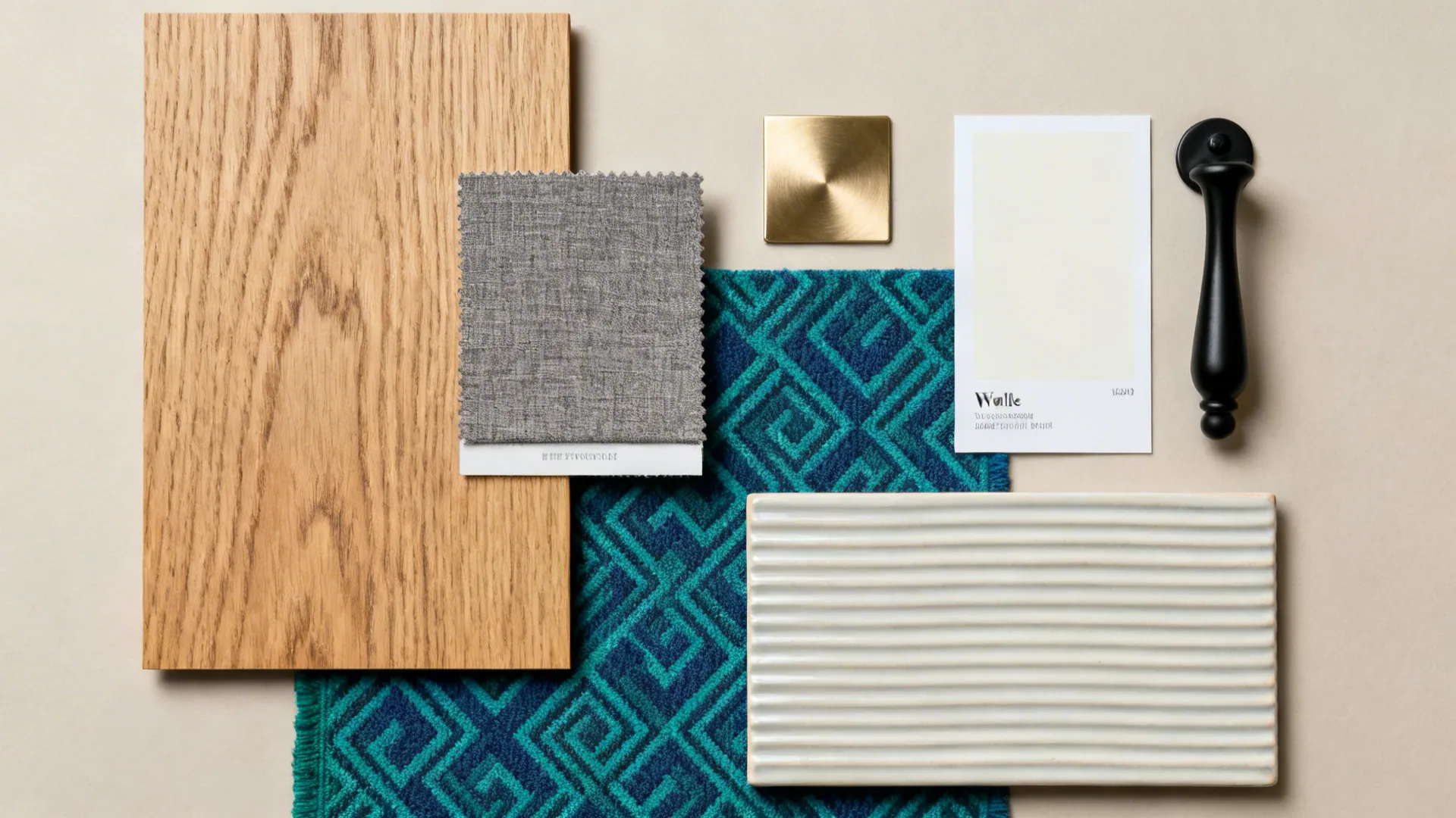 Material flat lay with oak veneer, gray performance fabric, blue-green accent, and brushed metals.