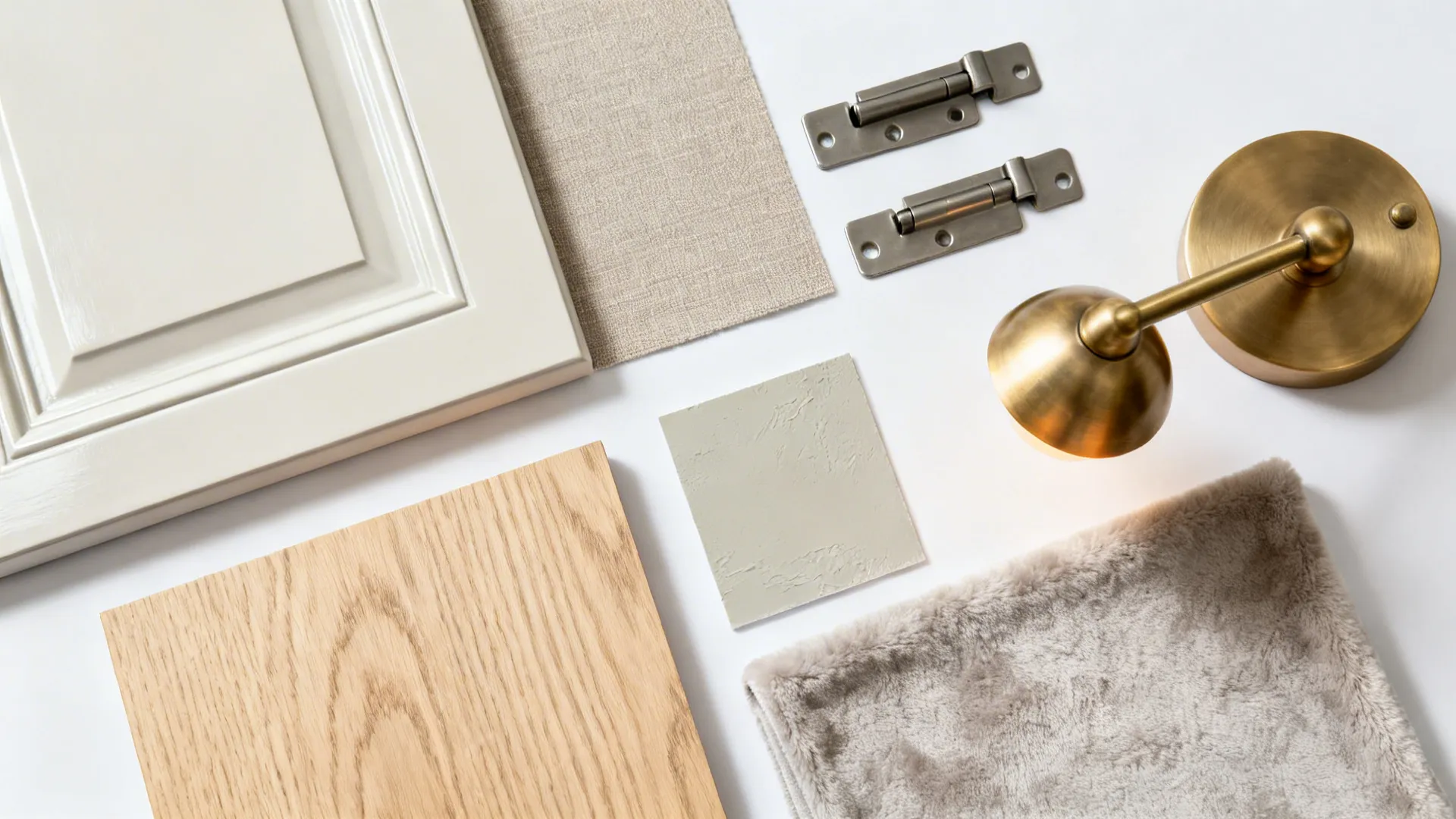 Material board with cabinet door wood panel fabric samples gold wall light and metal hinges