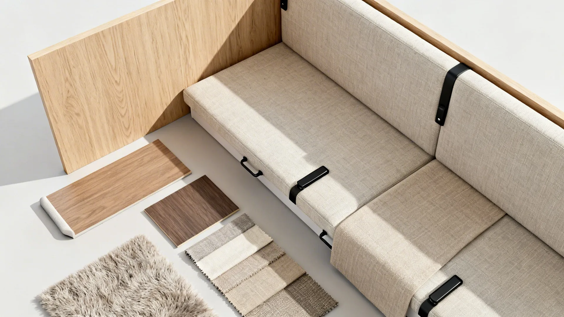 Flat lay of oak veneer, laminate, neutral upholstery fabrics, wool rug, and black hardware for banquette partition.