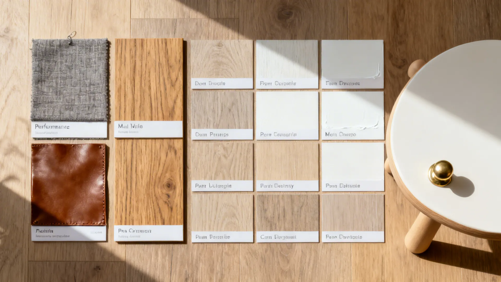 Top-down flat lay of banquette fabrics, oak and ash samples, and hardware.