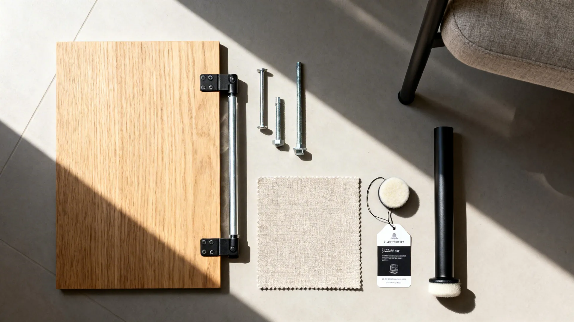 Top-down layout of oak veneer, upholstery swatches, and soft-close hardware for a banquette.