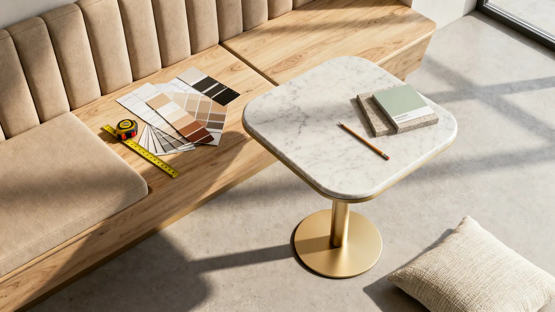 Top-down flat lay of upholstery, wood, stone, paint, and brass samples for a window banquette.